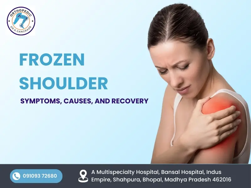"Bansal Hospital's educational infographic on frozen shoulder symptoms, causes, and recovery process, with hospital address in Shahpura, Bhopal."