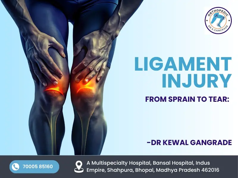 Patient holding knees in pain showing ligament injury – orthopedic treatment by Dr. Kewal Gangrade, best orthopedic surgeon in Bhopal.
