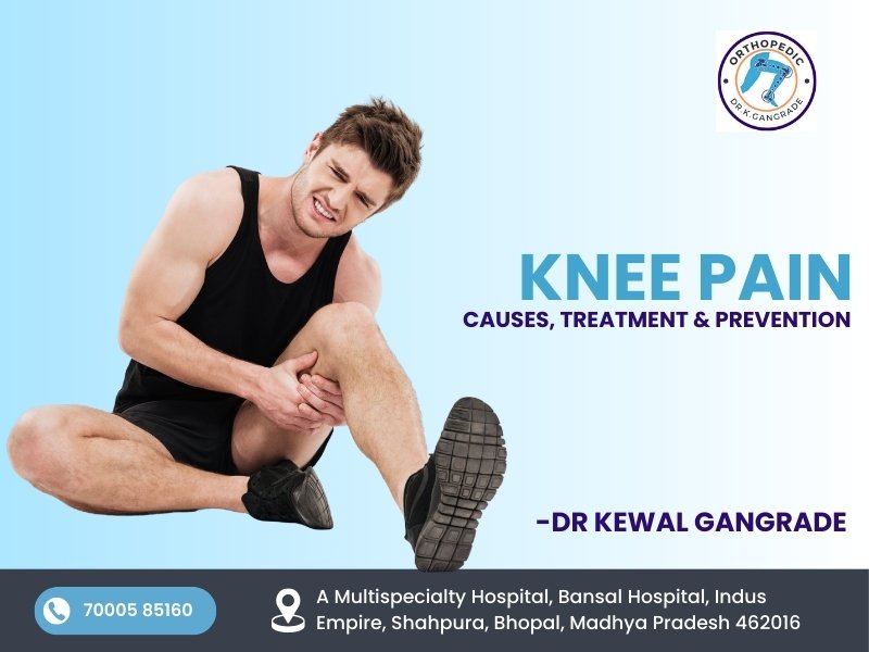 Man experiencing knee pain and holding his knee, showing symptoms and treatment options by Dr. Kewal Gangrade in Bhopal