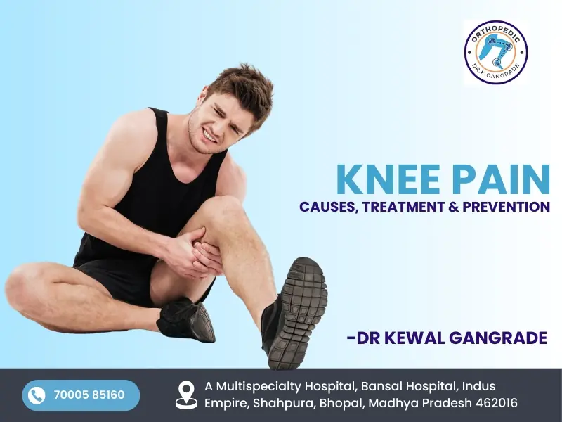 Man experiencing knee pain and holding his knee, showing symptoms and treatment options by Dr. Kewal Gangrade in Bhopal
