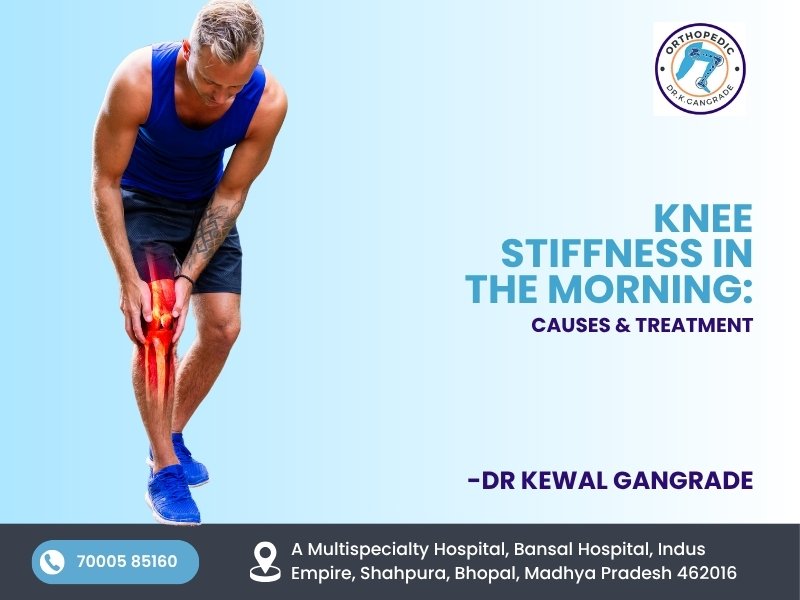 Man experiencing knee stiffness in the morning showing knee pain symptoms and treatment by Dr. Kewal Gangrade in Bhopal